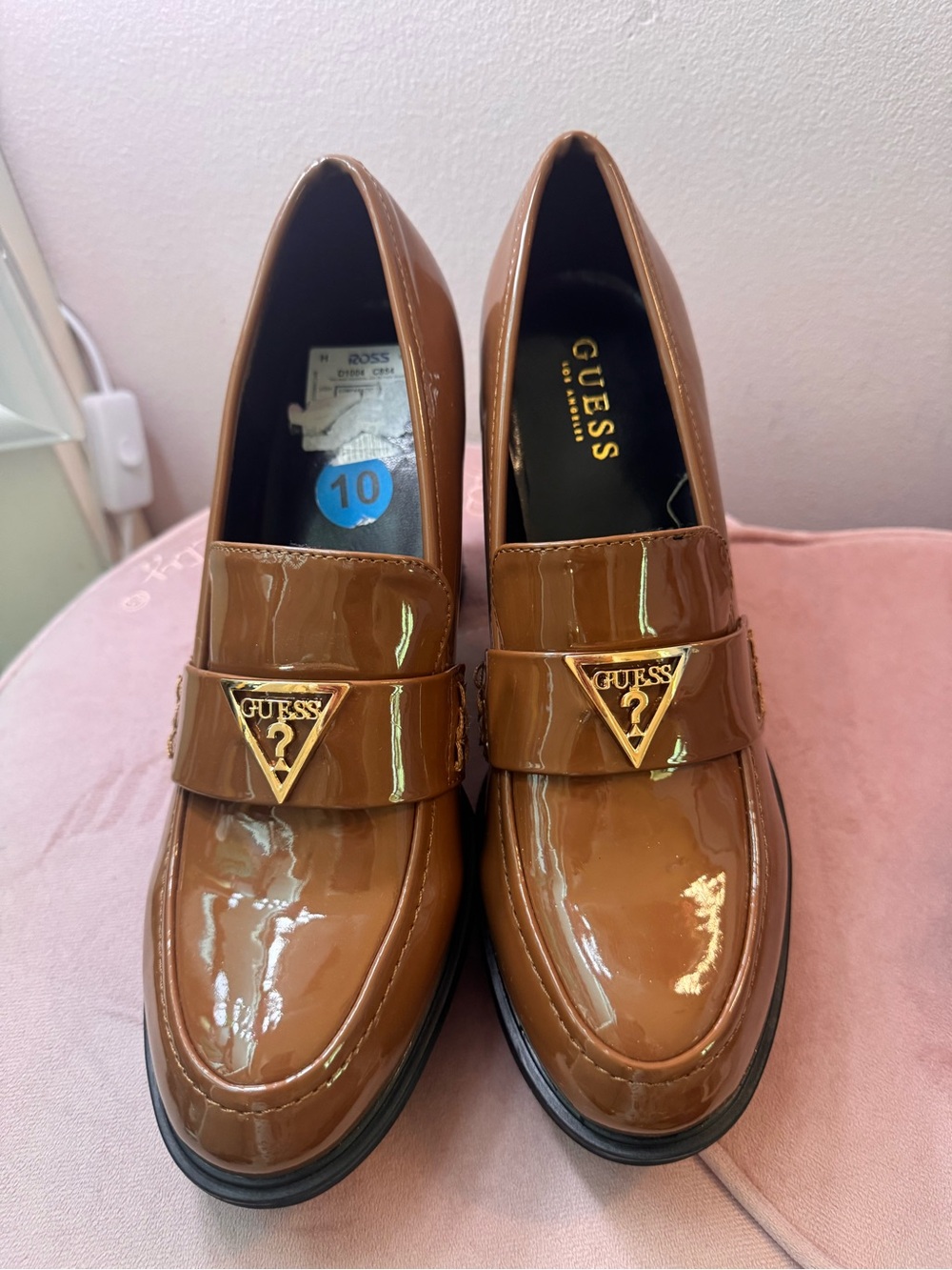 GUESS Tan Patent Leather Slip-On Loafers with Gold Logo Accent